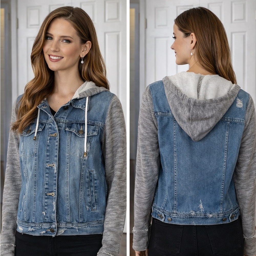 Free People Denim Jacket Gray Hood Knit Sleeves Distressed Size M